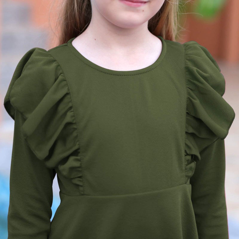 GORLYA Girl's Long Sleeve Ruffle Trim A-Line Swing Flared Skater Party Dress with Pockets for 8 Years Kids (GOR1019, 7-8Y, Olive) - Image 5